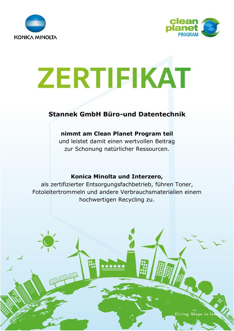 Zertifikat: Stannek GmbH Büro- und Datentechnik nimmt am Clean Planet Program von Konica Minolta teil